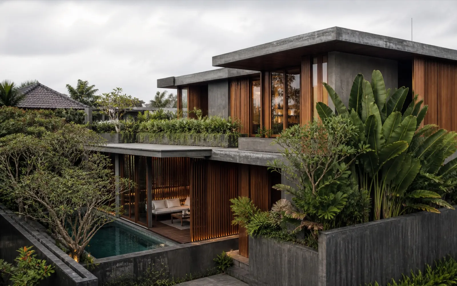 Contemporary residential property surrounded by tropical landscaping